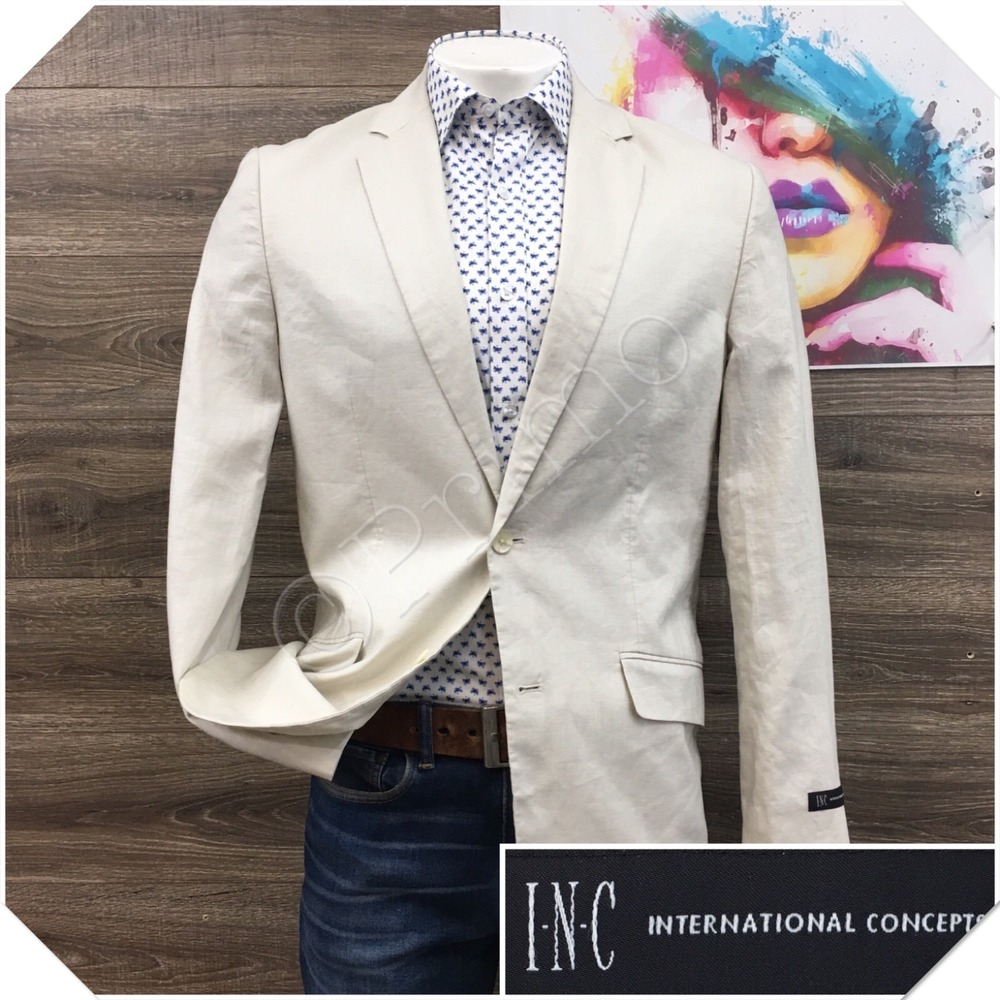 INC‎ Mens Linen Blazer Sport Coat Casual Jacket Size 42L Two Button Suit